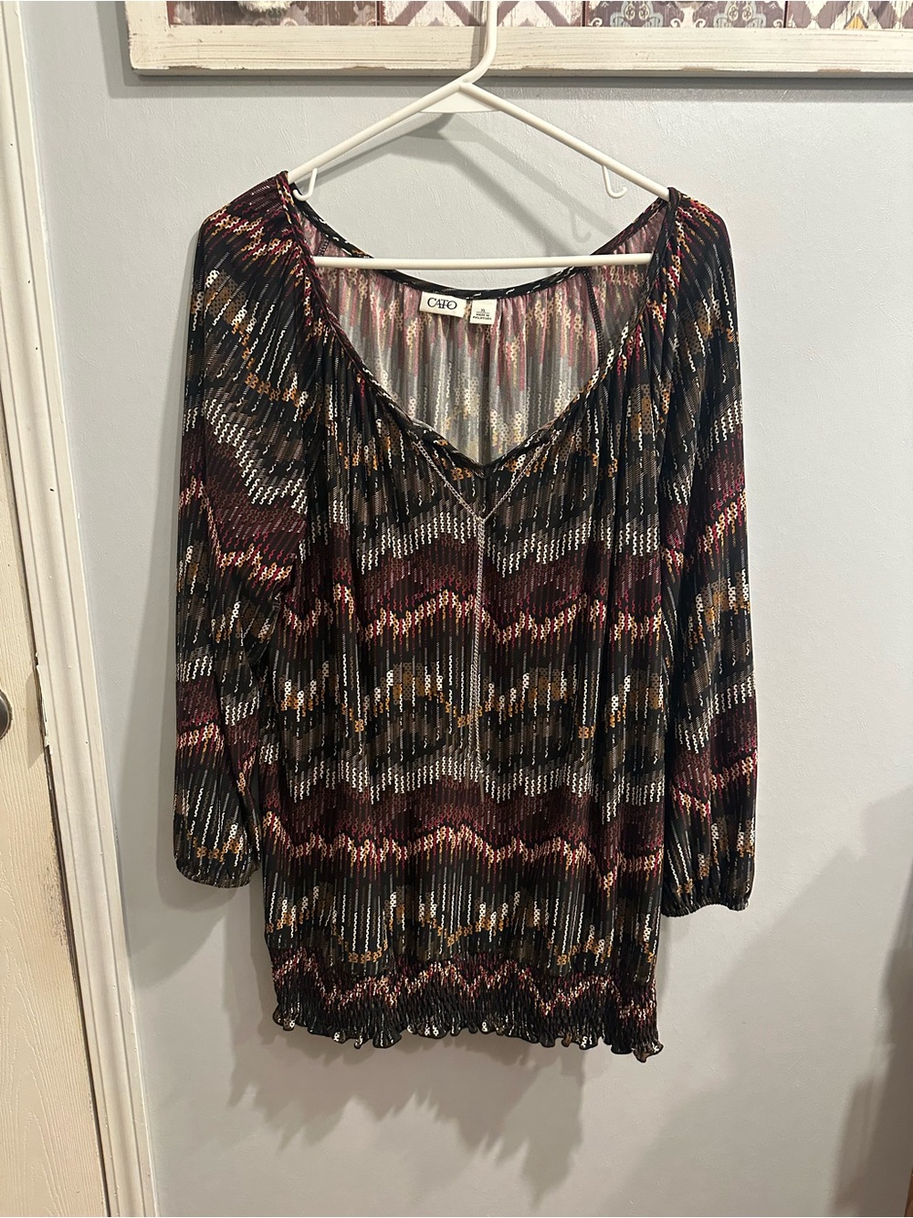 Cato Maroon Black Chevron-Stripe Pleated V-Neck Tunic